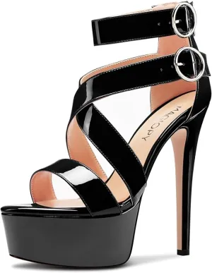 New in box! Grace in Every Step Womens High Stiletto Platform Heel Open Toe Ankle Strap Gladiator Sandals Prom Party Dress Patent Leather Shoes 5.9 Inches Heels Black, Sz 7