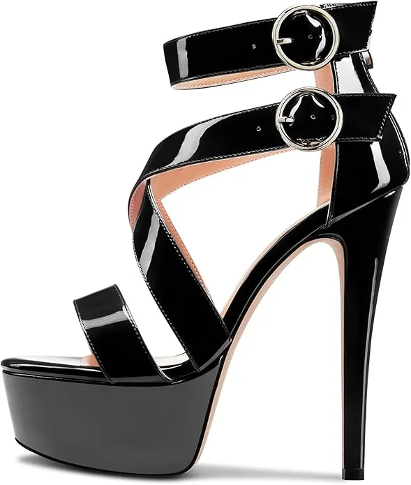 New in box! Grace in Every Step Womens High Stiletto Platform Heel Open Toe Ankle Strap Gladiator Sandals Prom Party Dress Patent Leather Shoes 5.9 Inches Heels Black, Sz 7