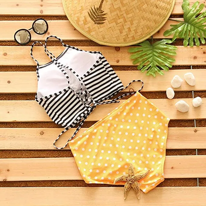 New Mitang Women's Stripe lace-up Bikini Polka Dot High Waisted Bathing Suit, Sz S!