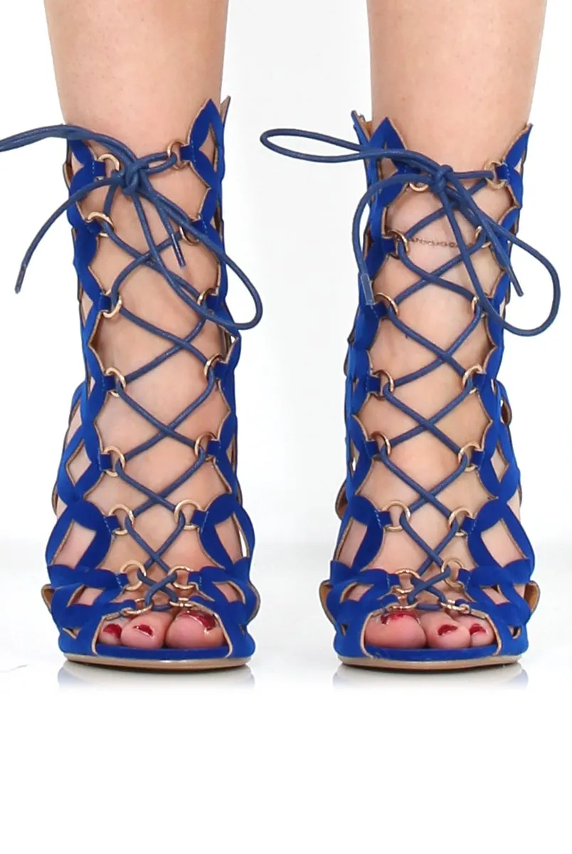 Nikki Blue Suede Caged Heels