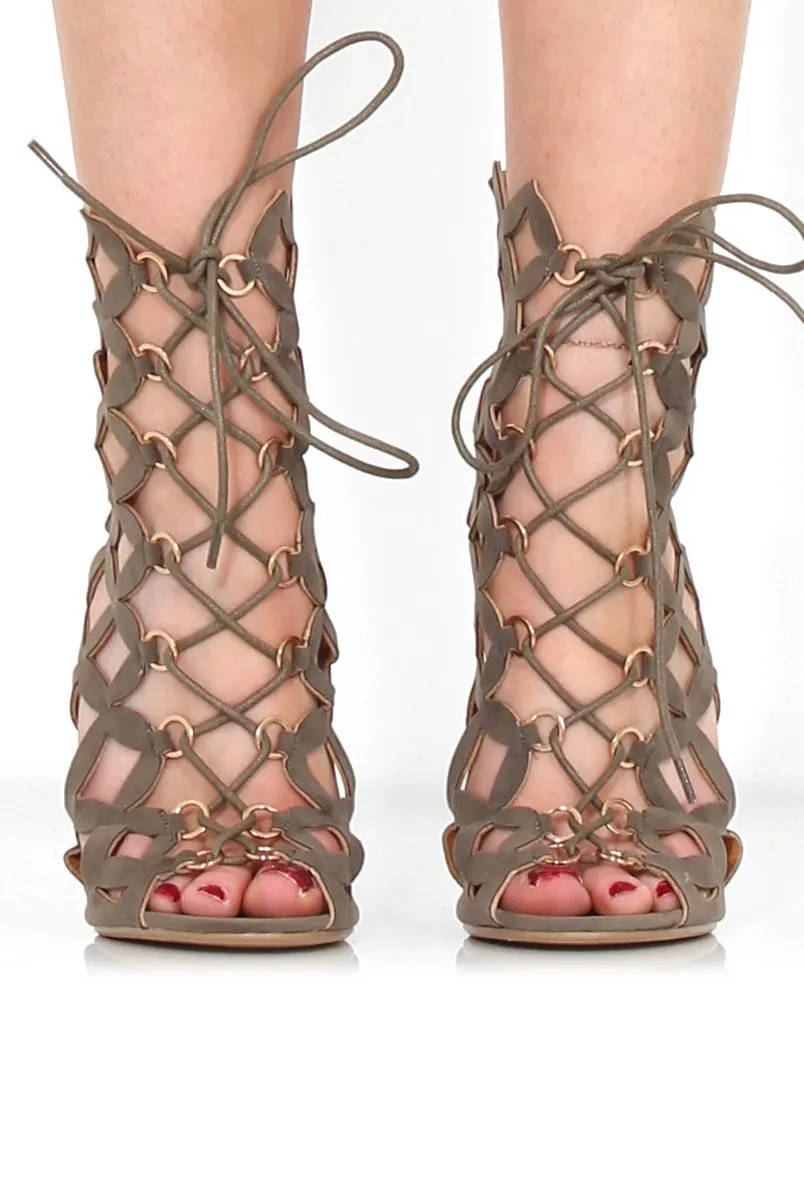 Nikki Khaki Suede Caged Heels