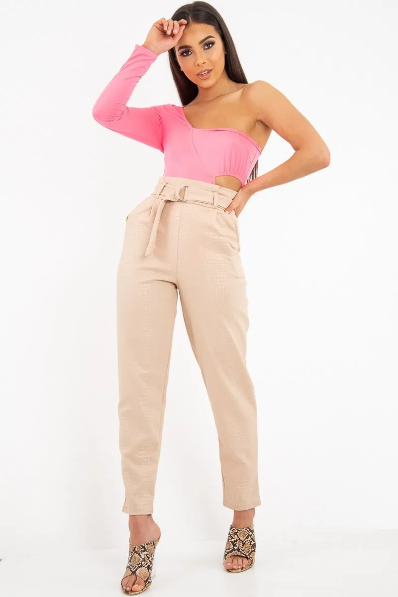 Nude Belted Croc Print Tapered Trousers - Aasia