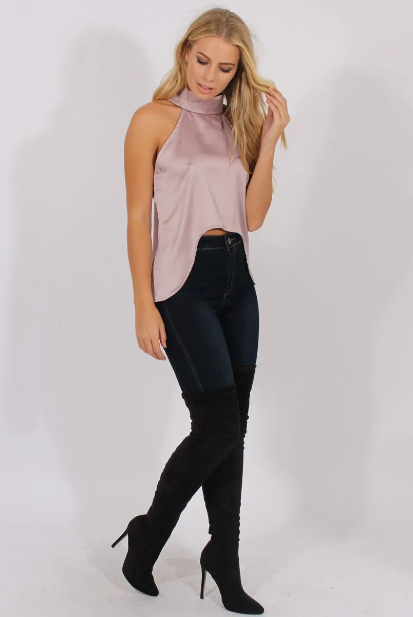 Nude Pink Satin Dipped Hem Collar Top - Davina