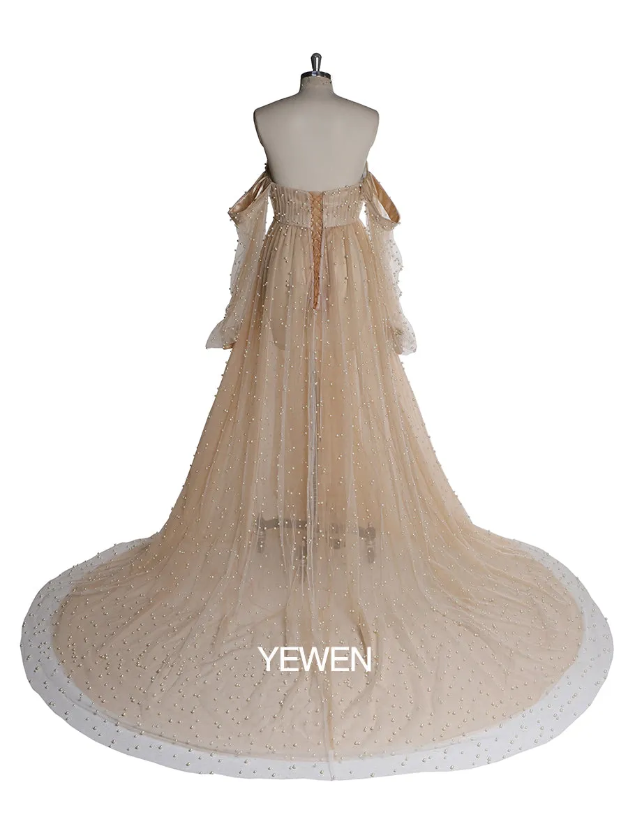 Off Shoulder Pearls High Quality Ivory Long Sleeves Open Front Maternity Gown Photoshoot Dresses for Ladies LT024