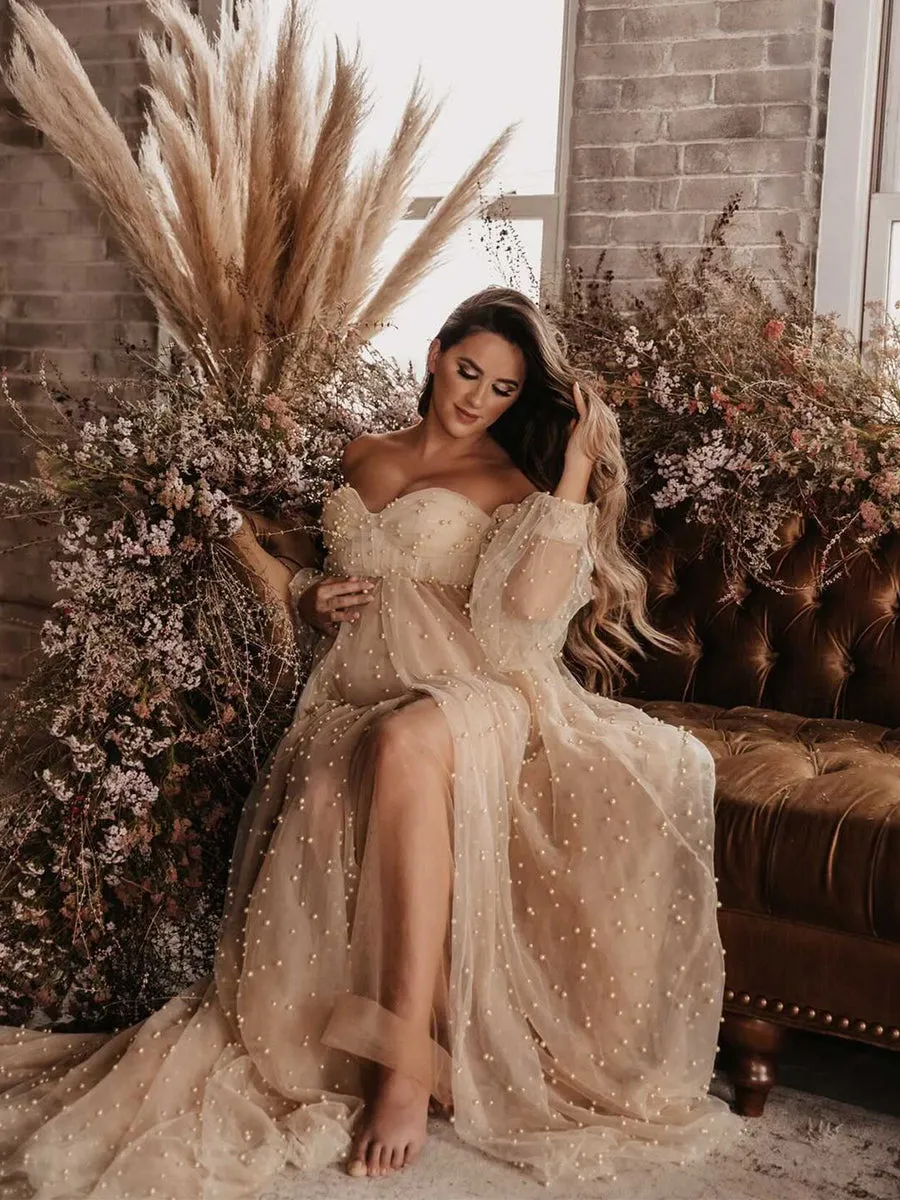 Off Shoulder Pearls High Quality Ivory Long Sleeves Open Front Maternity Gown Photoshoot Dresses for Ladies LT024