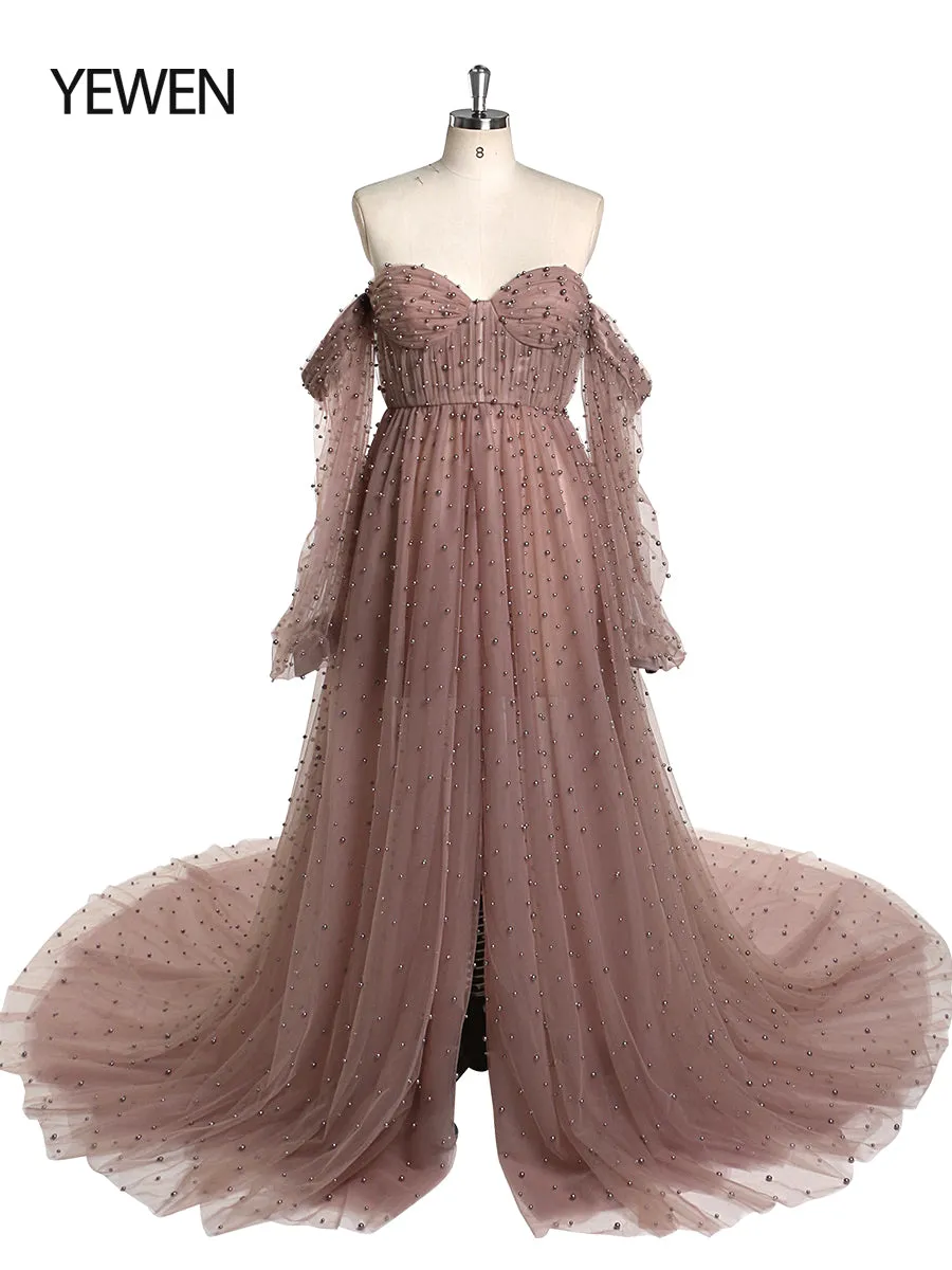 Off Shoulder Pearls High Quality Ivory Long Sleeves Open Front Maternity Gown Photoshoot Dresses for Ladies LT024