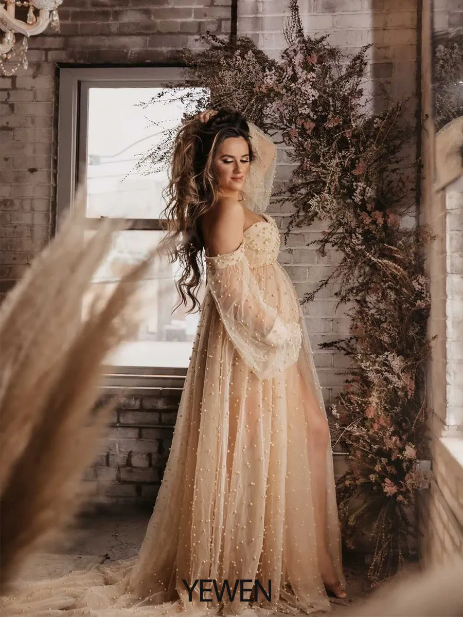 Off Shoulder Pearls High Quality Ivory Long Sleeves Open Front Maternity Gown Photoshoot Dresses for Ladies LT024