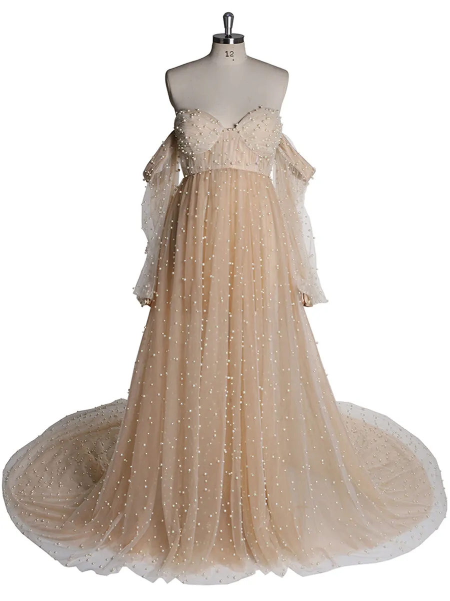 Off Shoulder Pearls High Quality Ivory Long Sleeves Open Front Maternity Gown Photoshoot Dresses for Ladies LT024