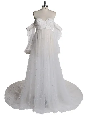 Off Shoulder Pearls High Quality Ivory Long Sleeves Open Front Maternity Gown Photoshoot Dresses for Ladies LT024