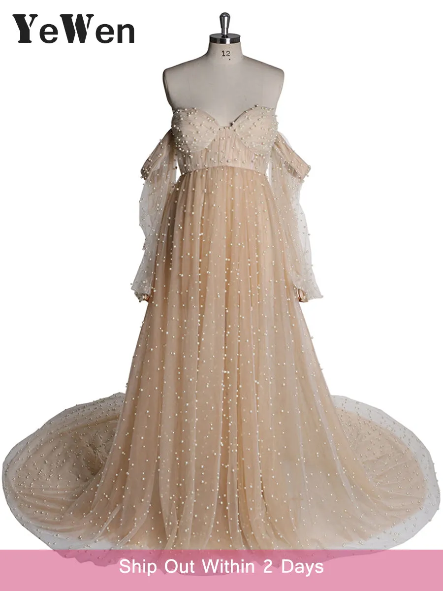 Off Shoulder Pearls High Quality Ivory Long Sleeves Open Front Maternity Gown Photoshoot Dresses for Ladies LT024