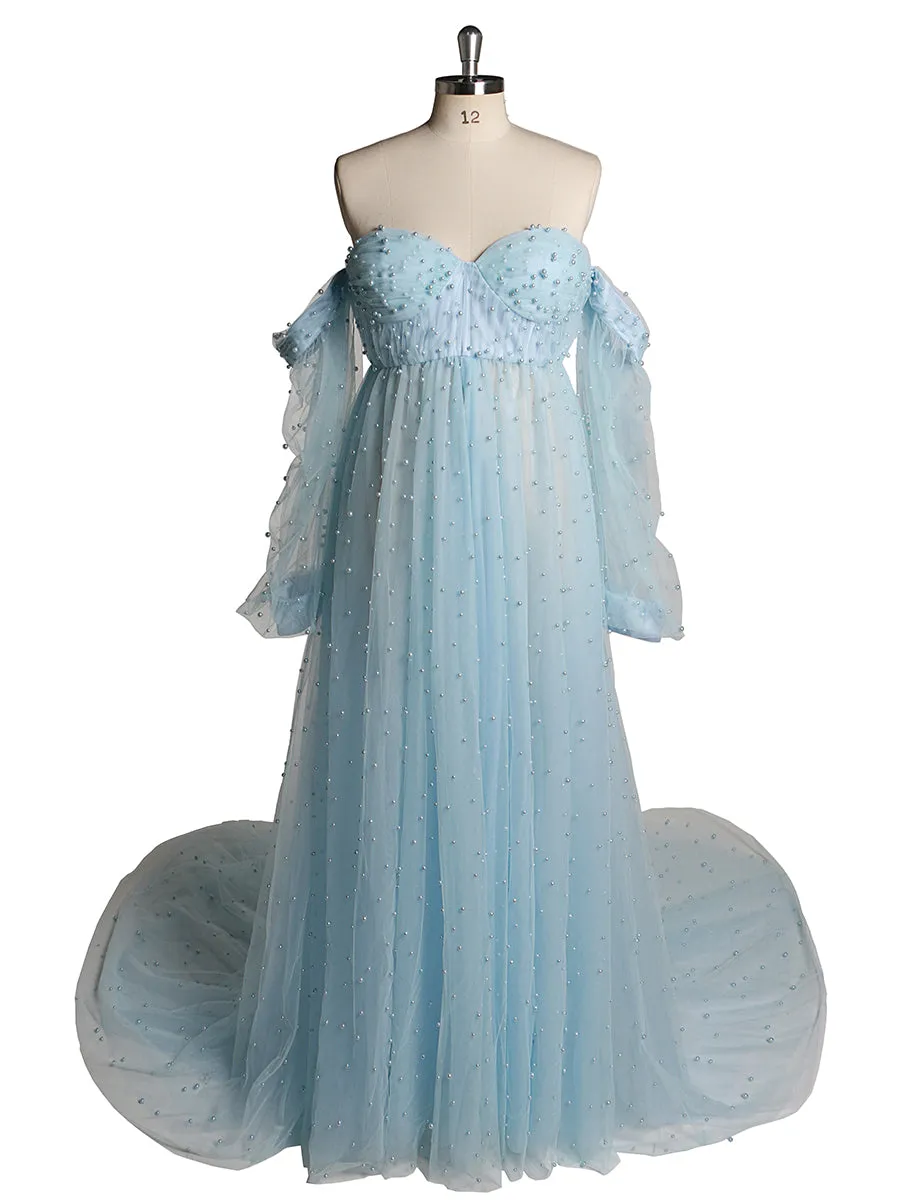 Off Shoulder Pearls High Quality Ivory Long Sleeves Open Front Maternity Gown Photoshoot Dresses for Ladies LT024