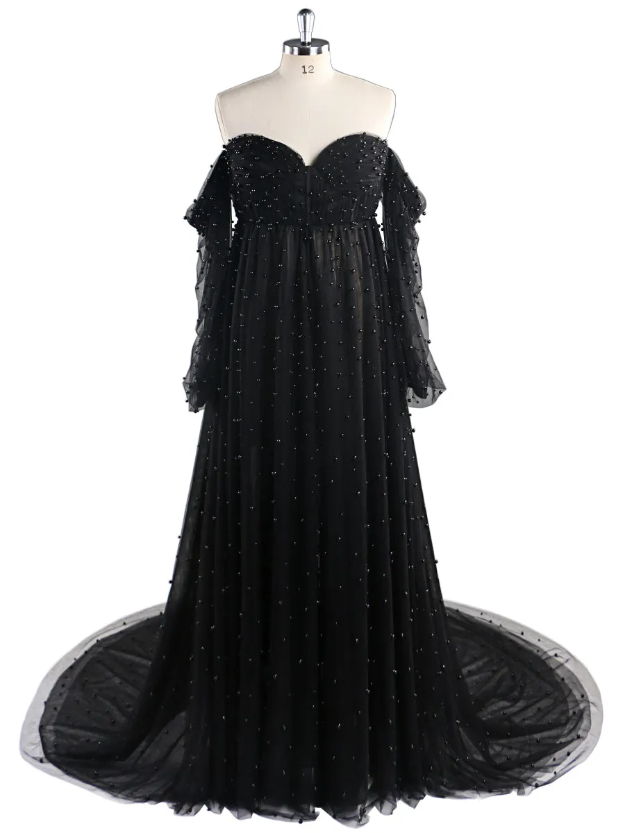 Off Shoulder Pearls High Quality Ivory Long Sleeves Open Front Maternity Gown Photoshoot Dresses for Ladies LT024