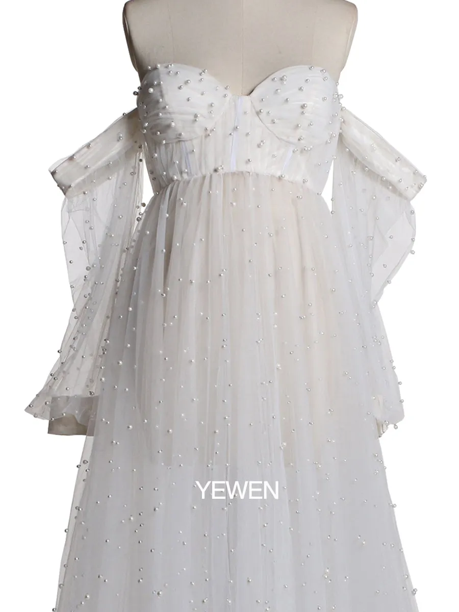 Off Shoulder Pearls High Quality Ivory Long Sleeves Open Front Maternity Gown Photoshoot Dresses for Ladies LT024