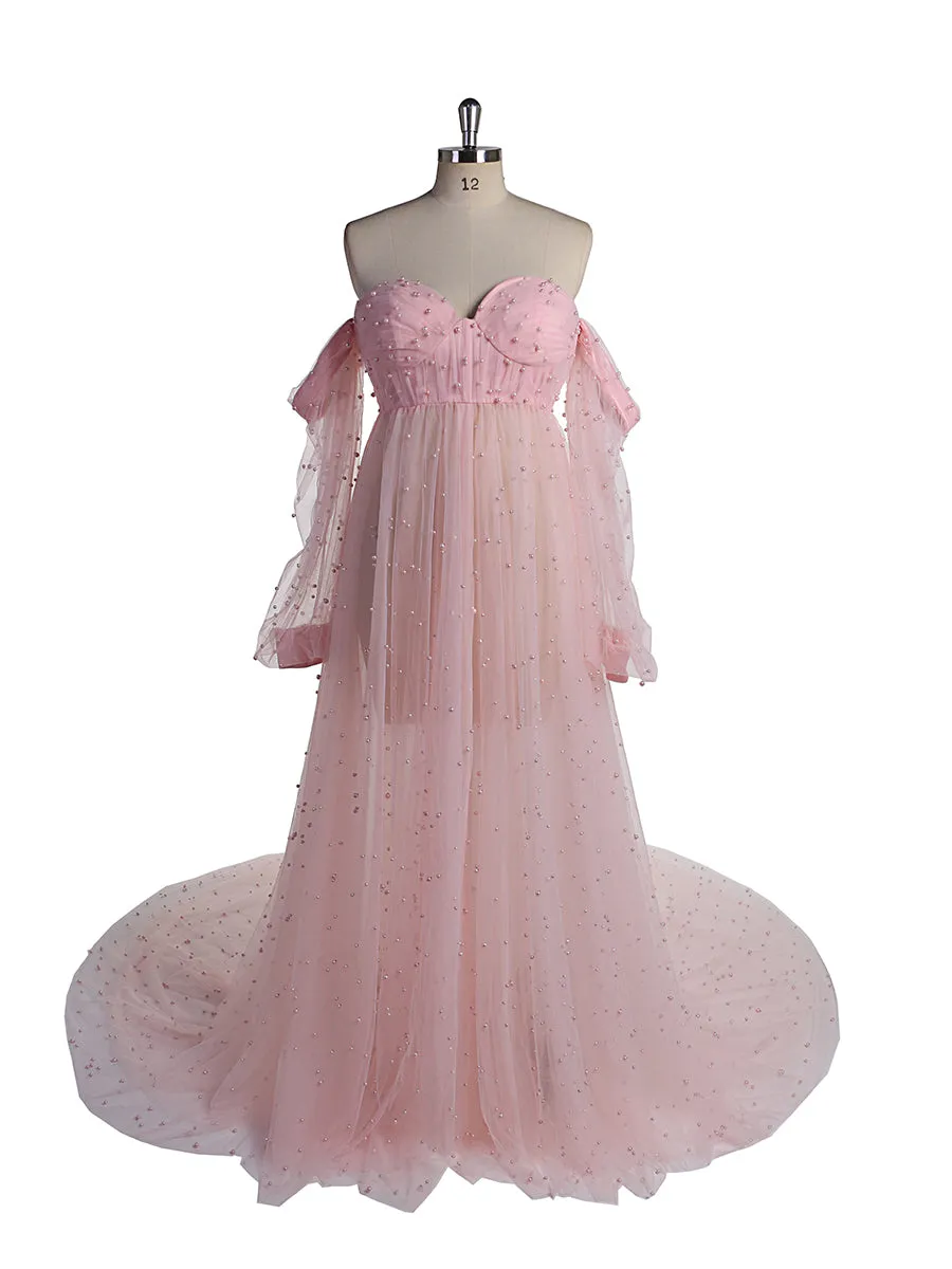 Off Shoulder Pearls High Quality Ivory Long Sleeves Open Front Maternity Gown Photoshoot Dresses for Ladies LT024
