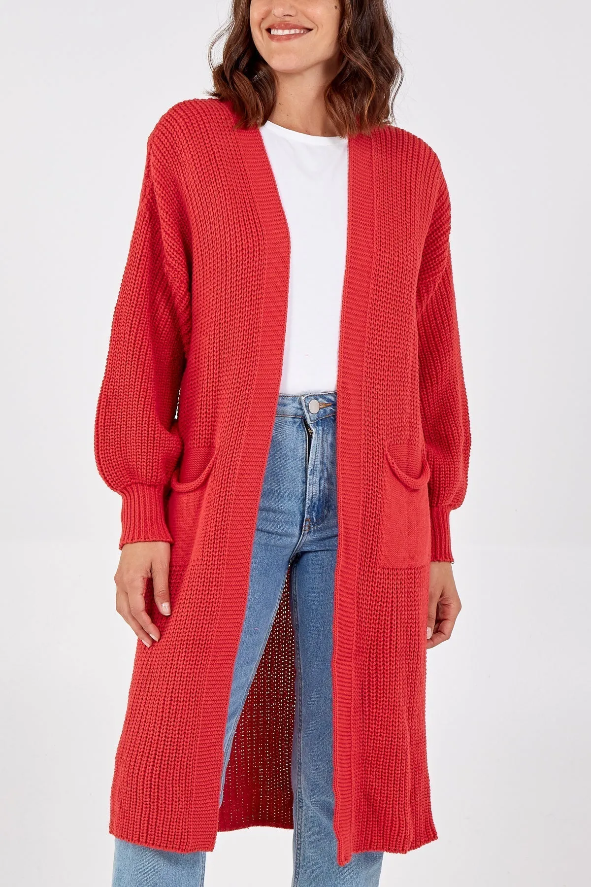 Open Front Balloon Sleeve Long Cardigan