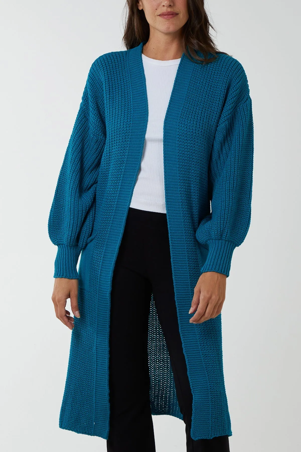 Open Front Balloon Sleeve Long Cardigan