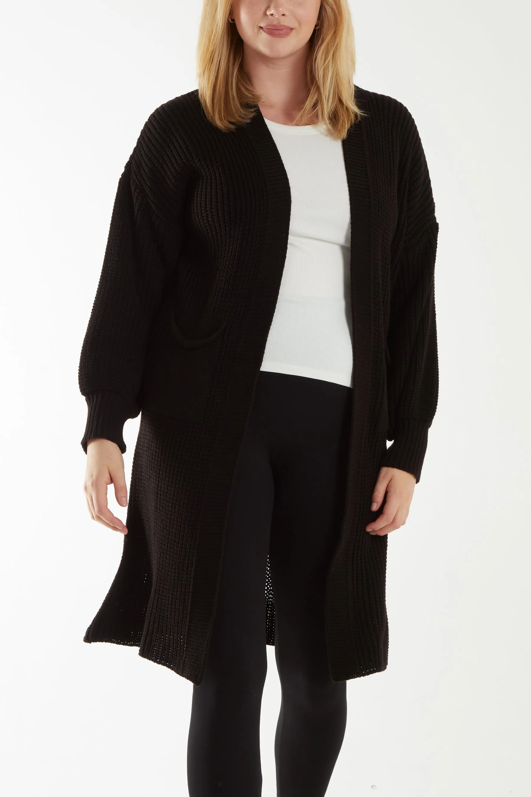 Open Front Balloon Sleeve Long Cardigan