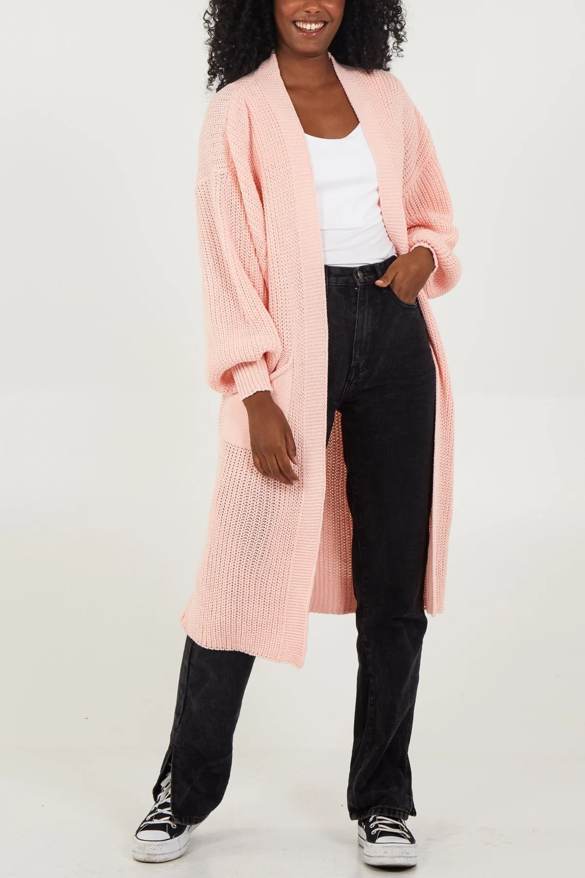 Open Front Balloon Sleeve Long Cardigan