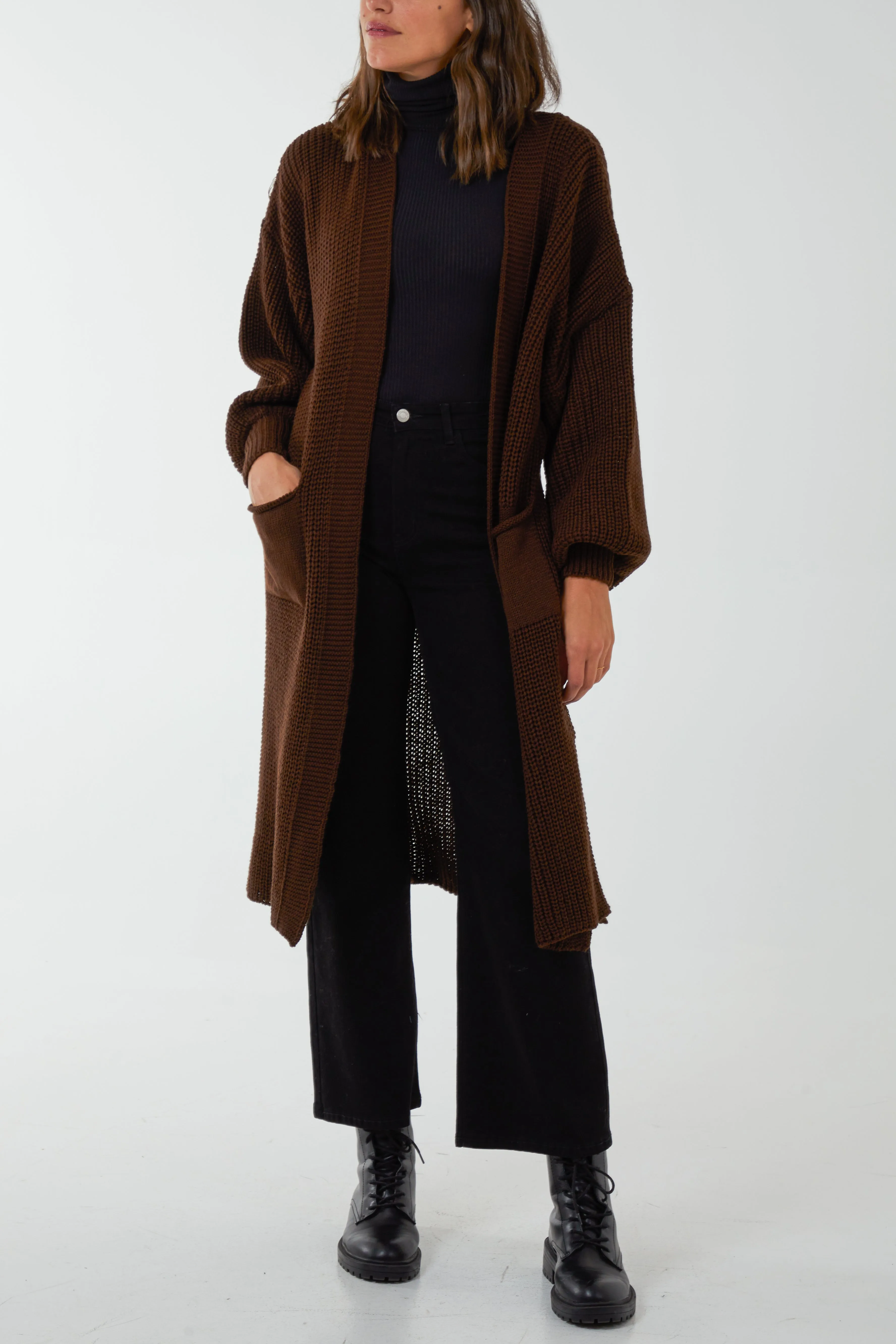 Open Front Balloon Sleeve Long Cardigan