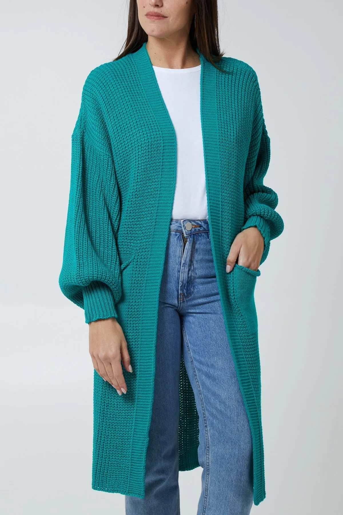 Open Front Balloon Sleeve Long Cardigan