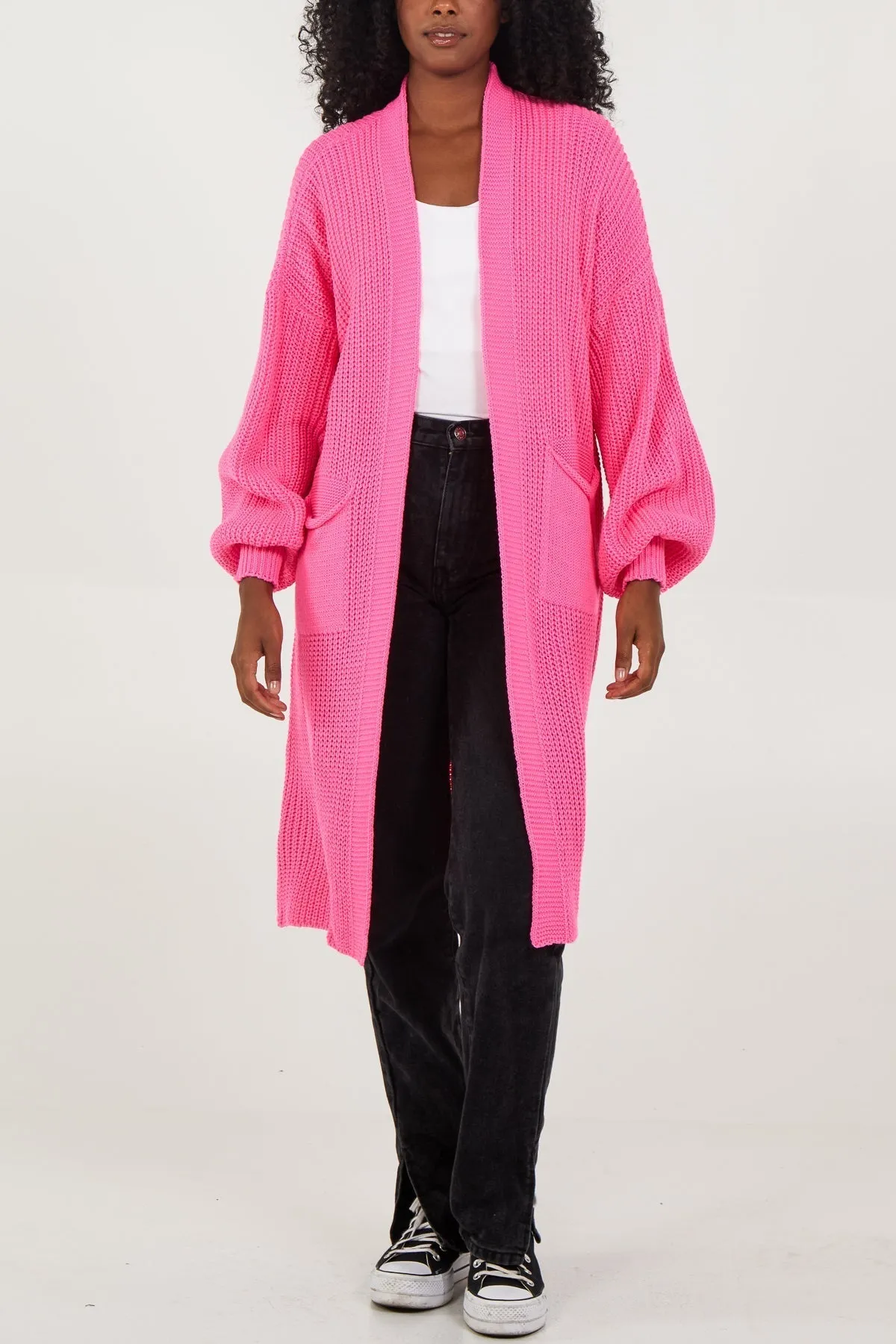 Open Front Balloon Sleeve Long Cardigan