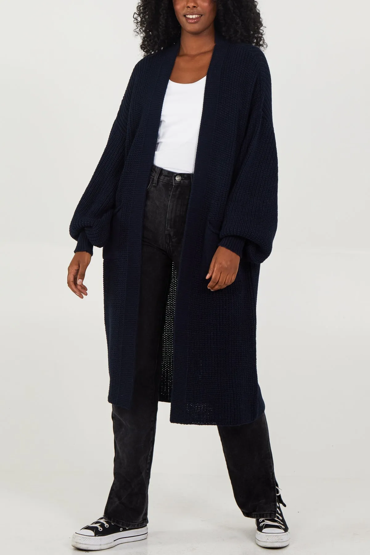 Open Front Balloon Sleeve Long Cardigan