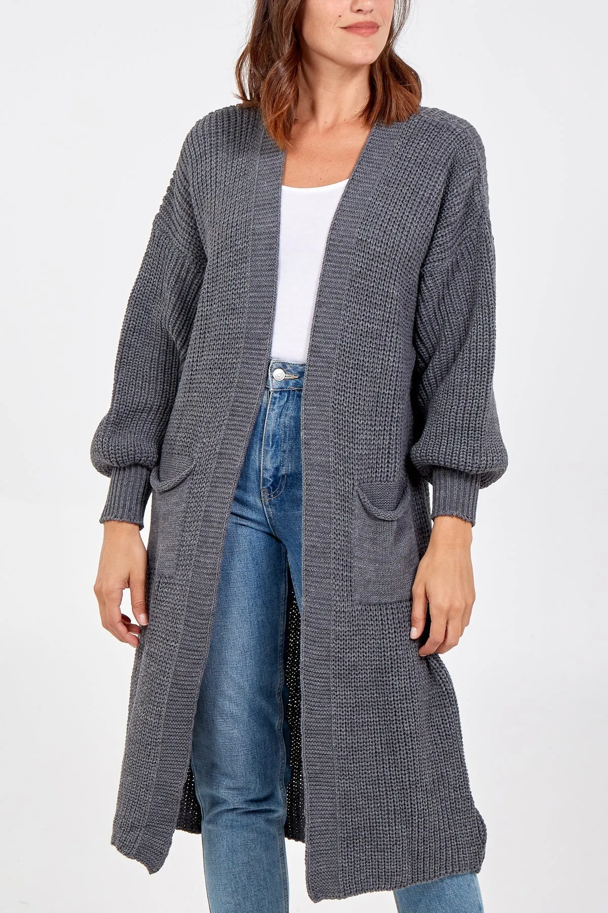 Open Front Balloon Sleeve Long Cardigan
