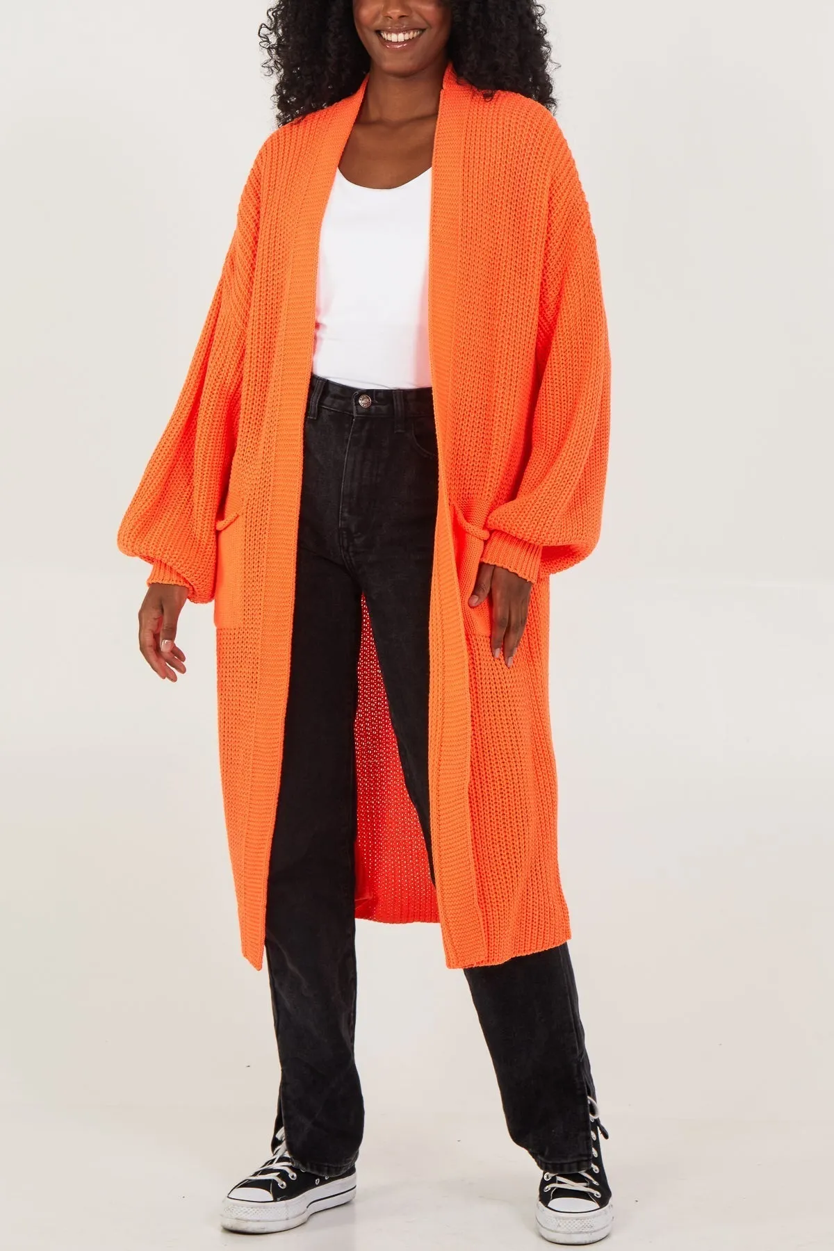 Open Front Balloon Sleeve Long Cardigan