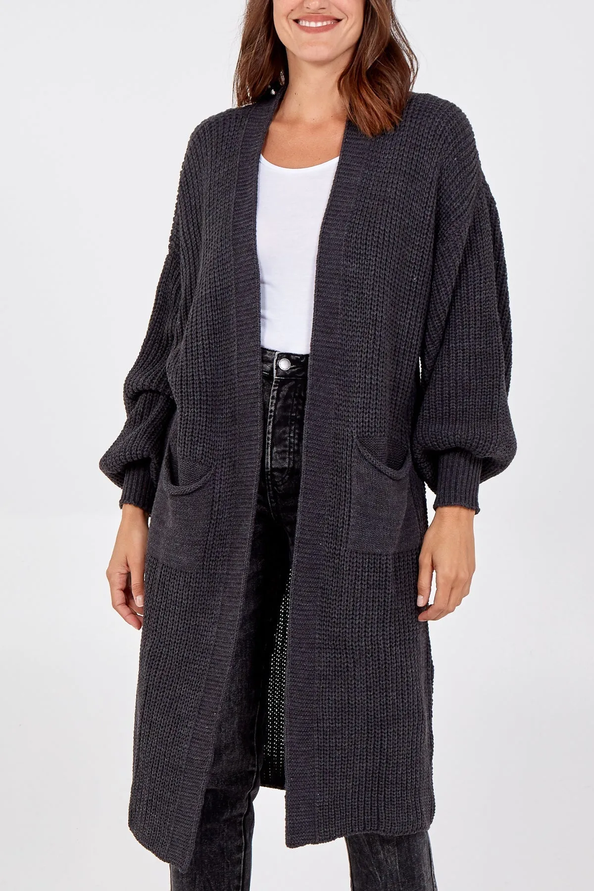 Open Front Balloon Sleeve Long Cardigan