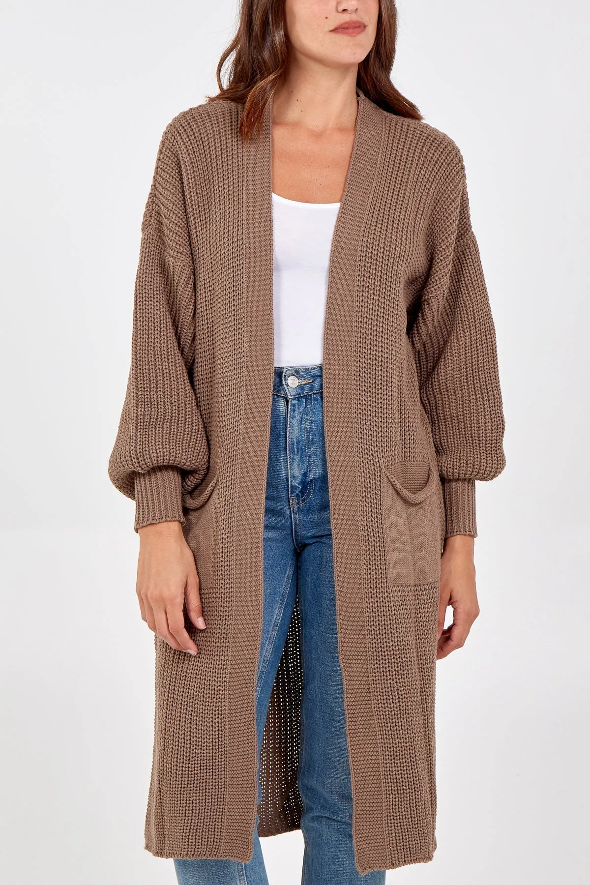Open Front Balloon Sleeve Long Cardigan