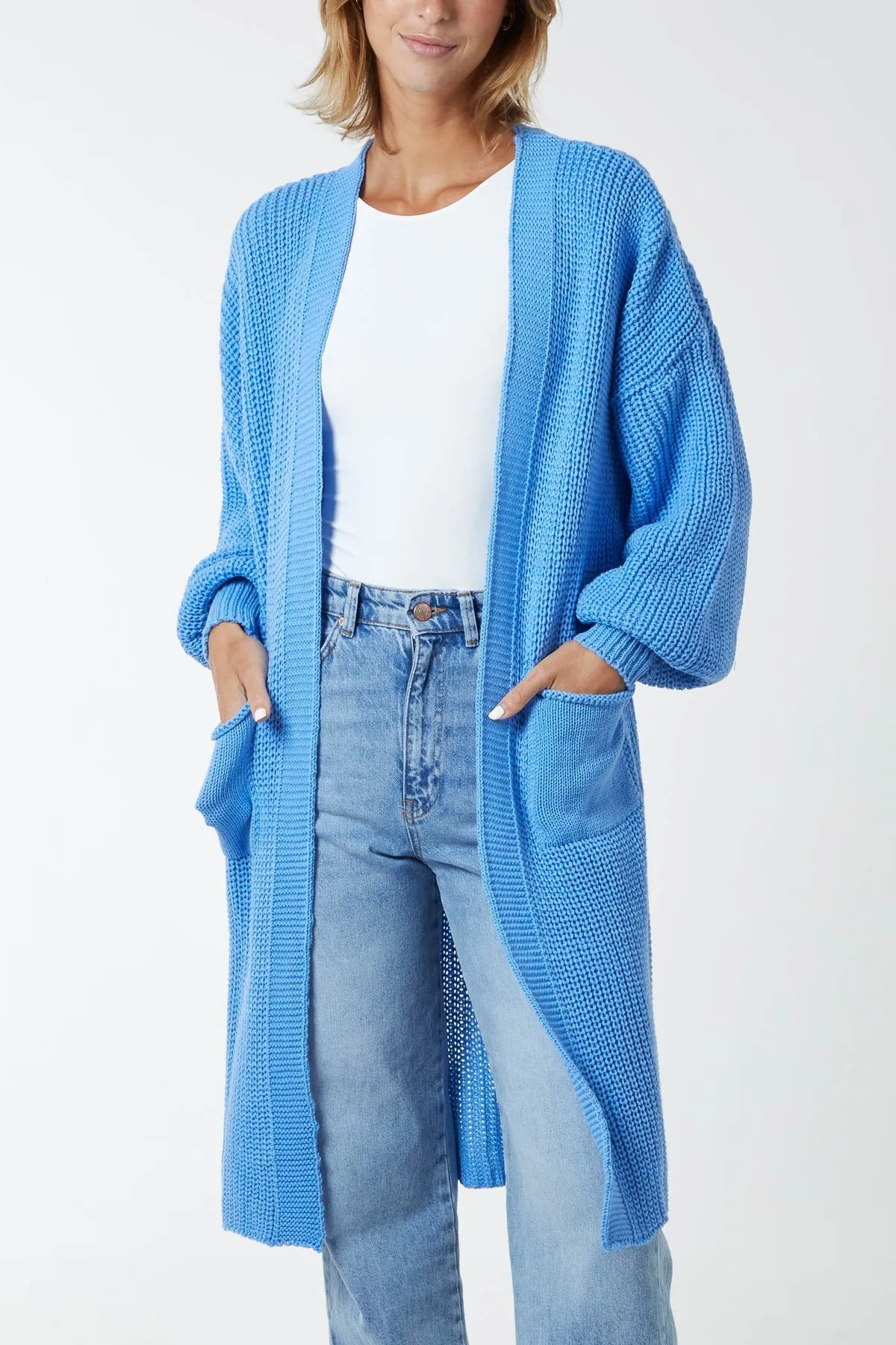 Open Front Balloon Sleeve Long Cardigan