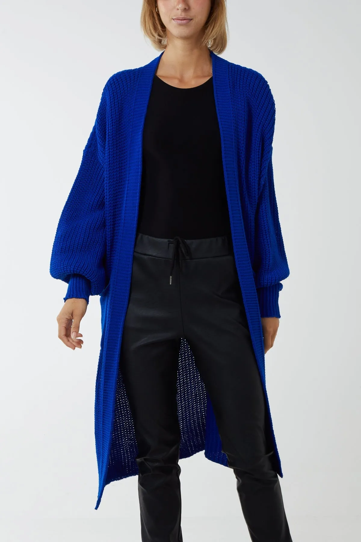 Open Front Balloon Sleeve Long Cardigan
