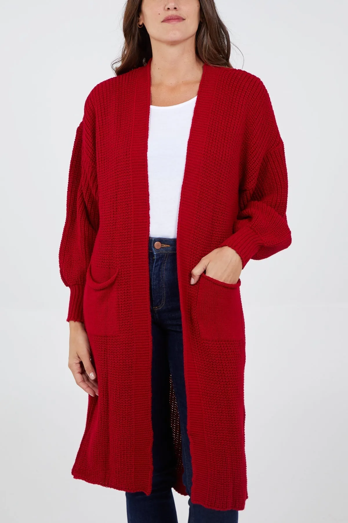 Open Front Balloon Sleeve Long Cardigan