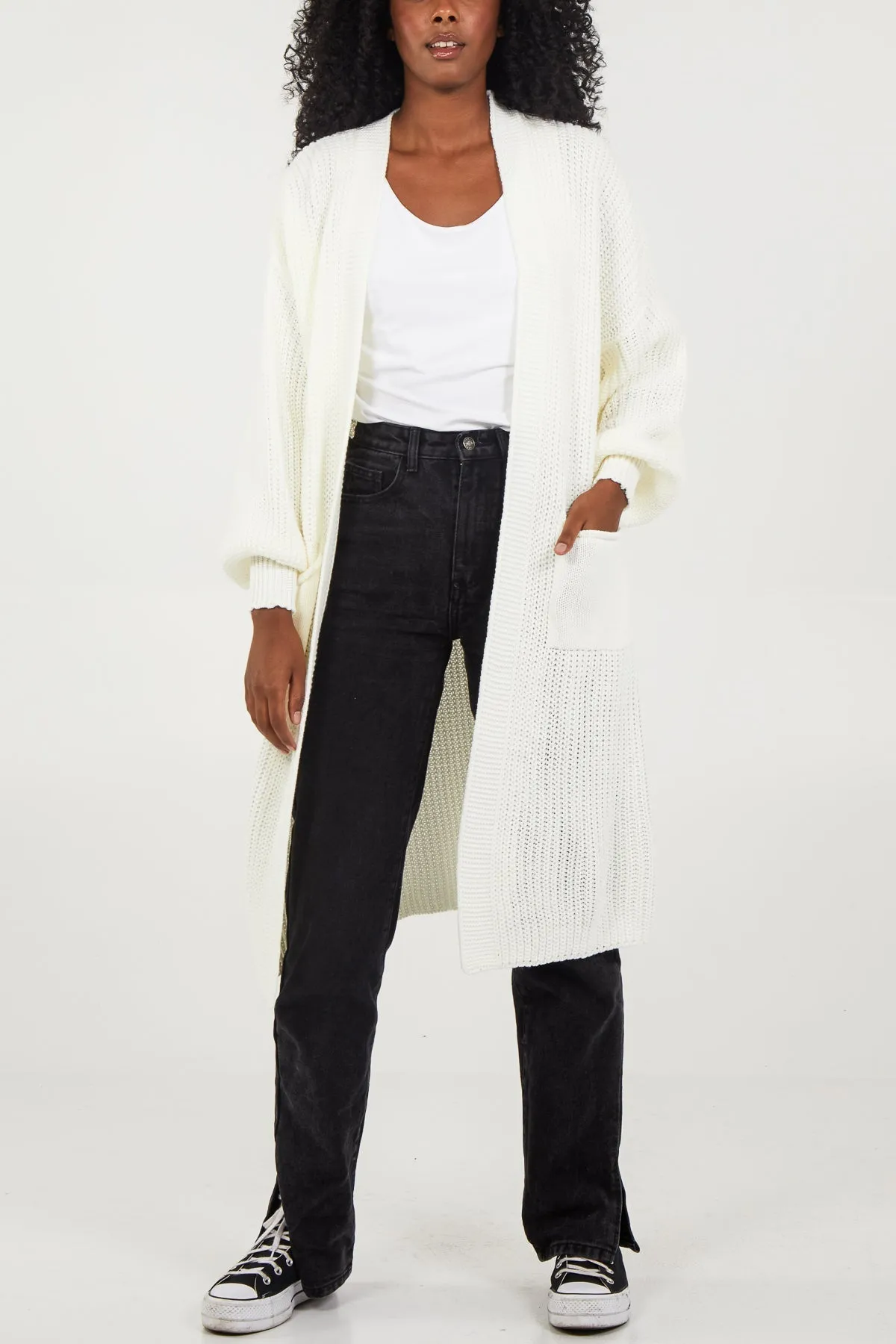 Open Front Balloon Sleeve Long Cardigan