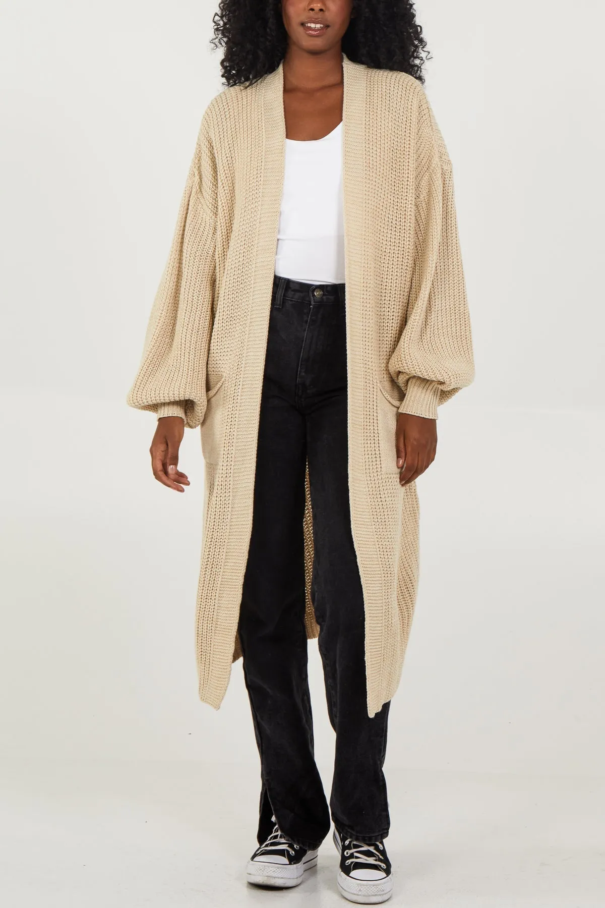 Open Front Balloon Sleeve Long Cardigan