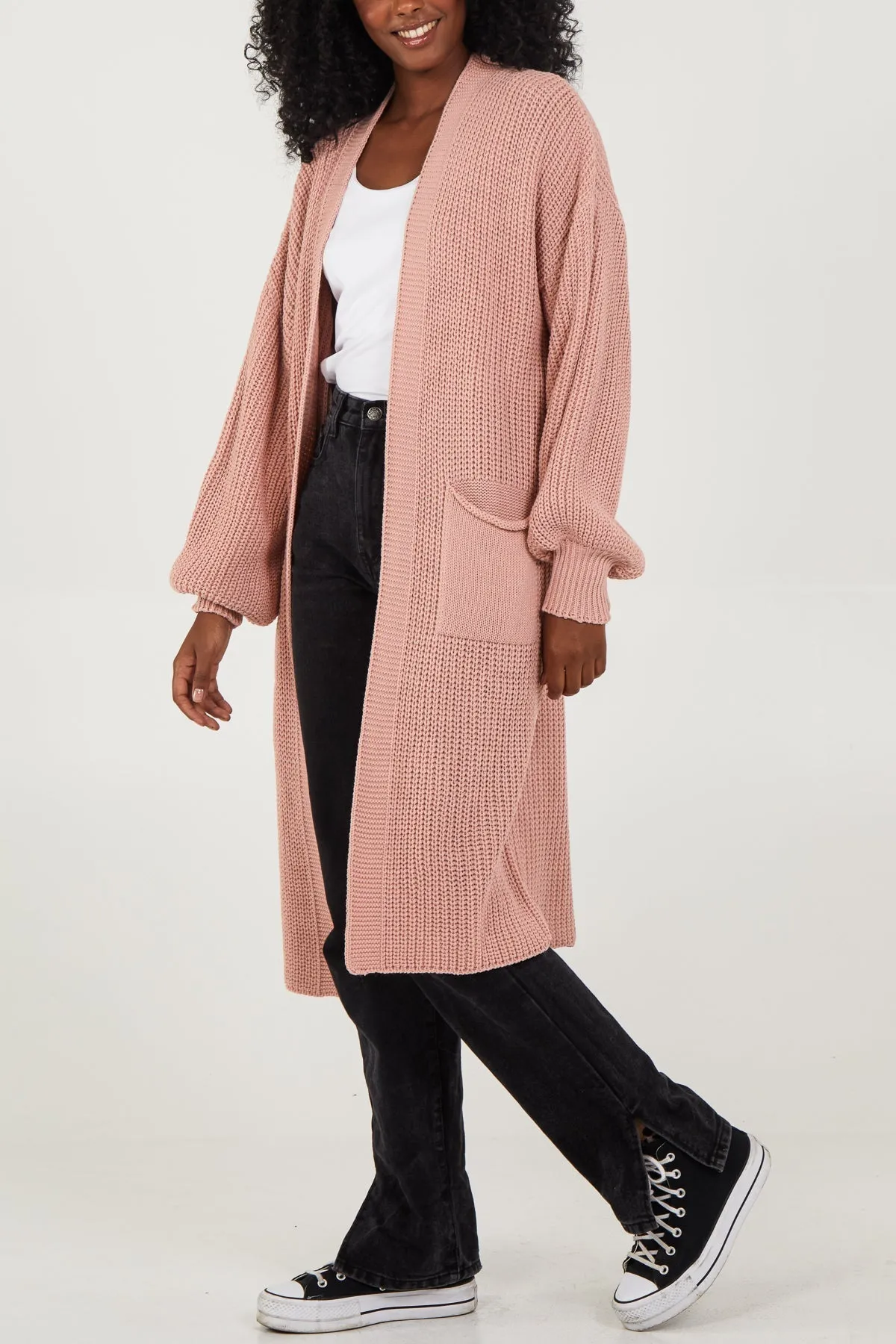 Open Front Balloon Sleeve Long Cardigan