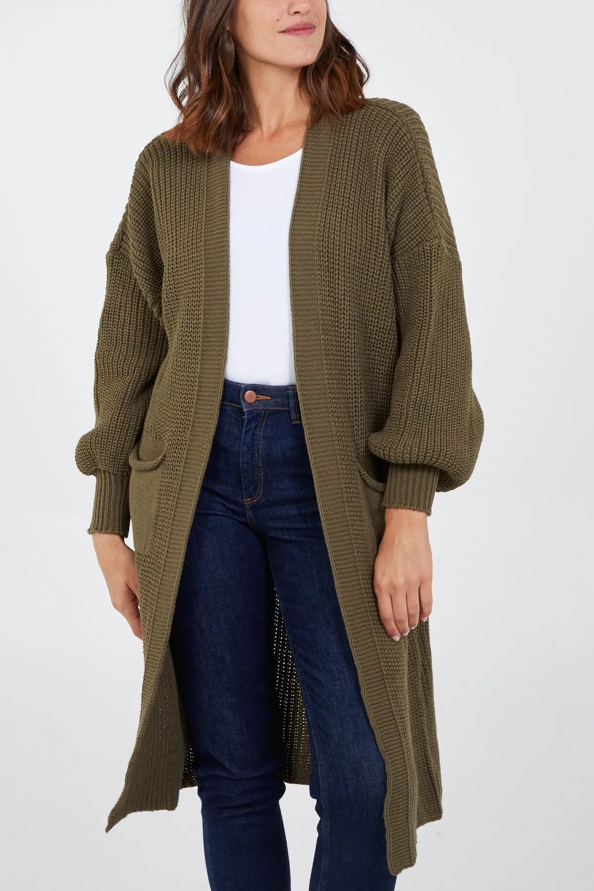 Open Front Balloon Sleeve Long Cardigan