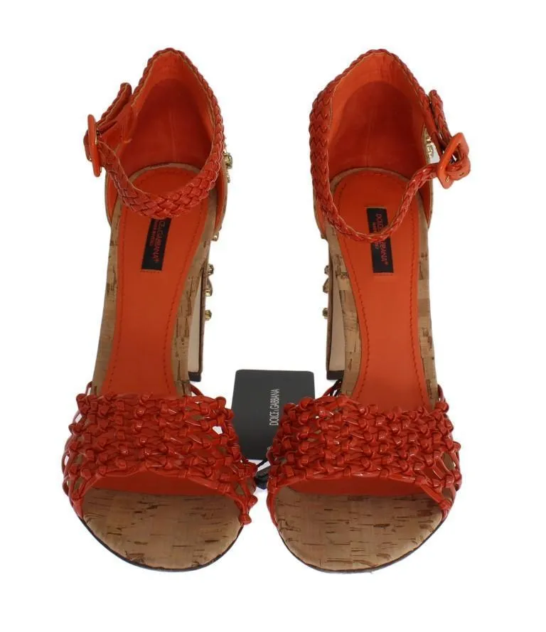 Orange Leather Cork Crystal Sandals