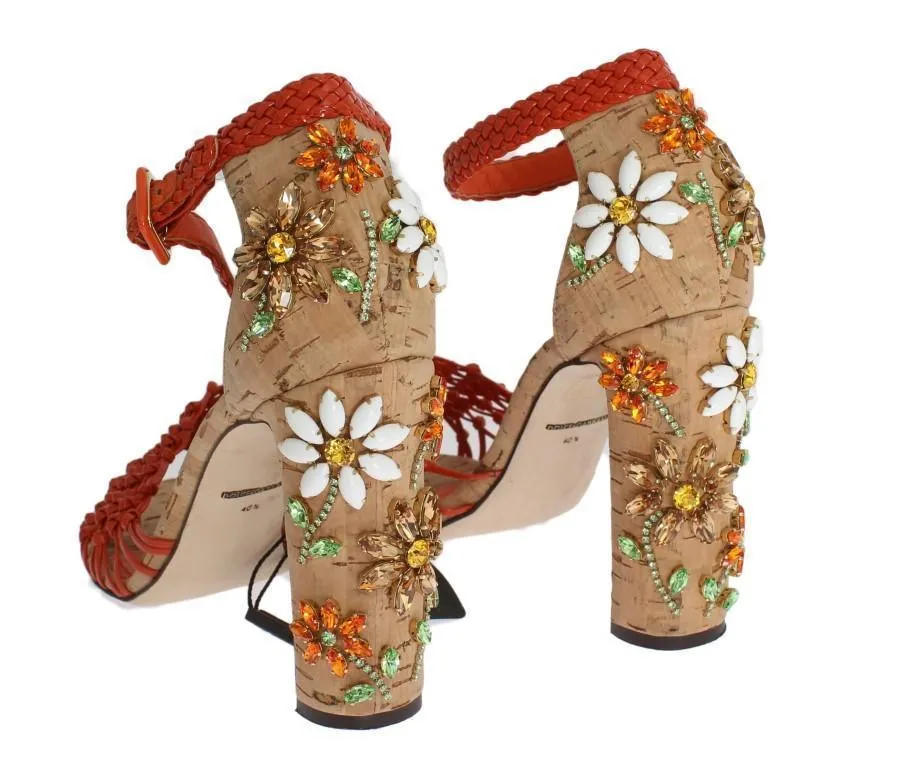 Orange Leather Cork Crystal Sandals