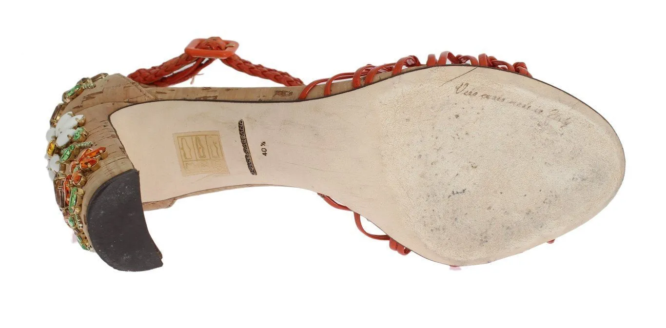 Orange Leather Cork Crystal Sandals