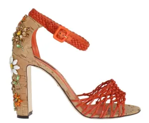 Orange Leather Cork Crystal Sandals