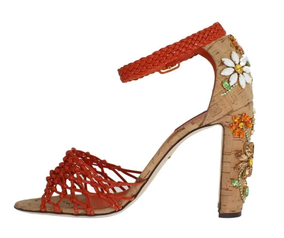 Orange Leather Cork Crystal Sandals