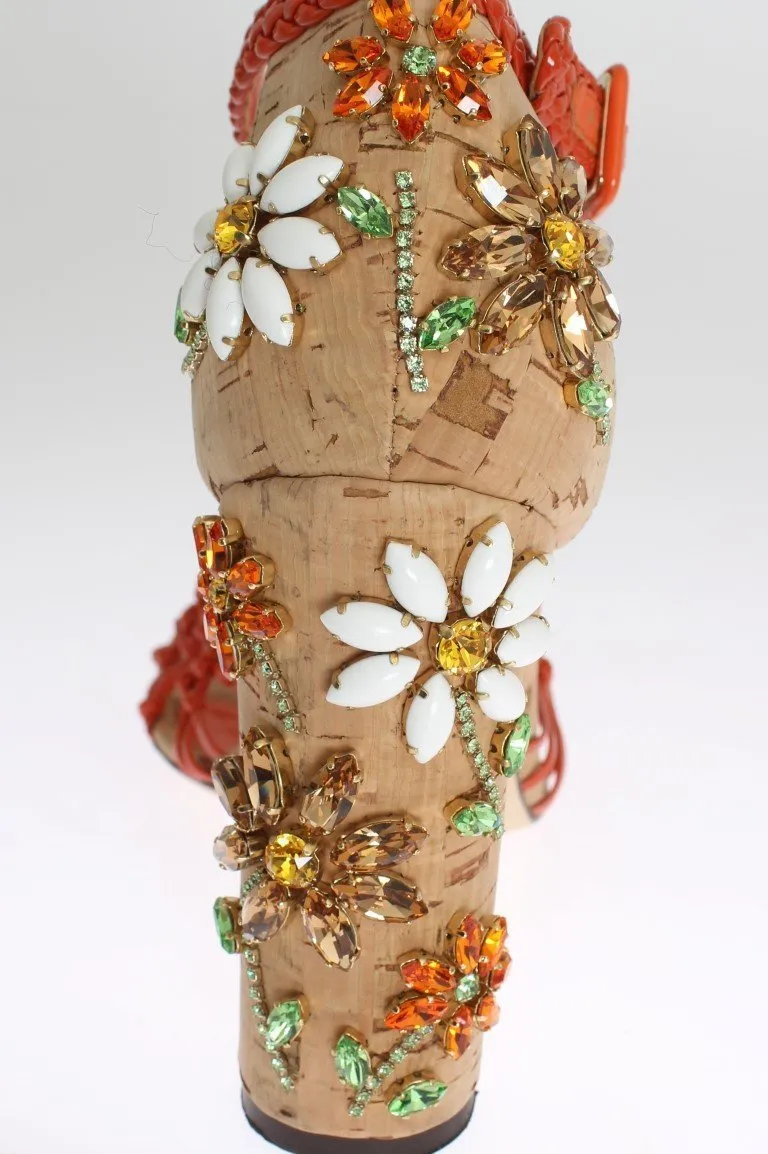 Orange Leather Cork Crystal Sandals