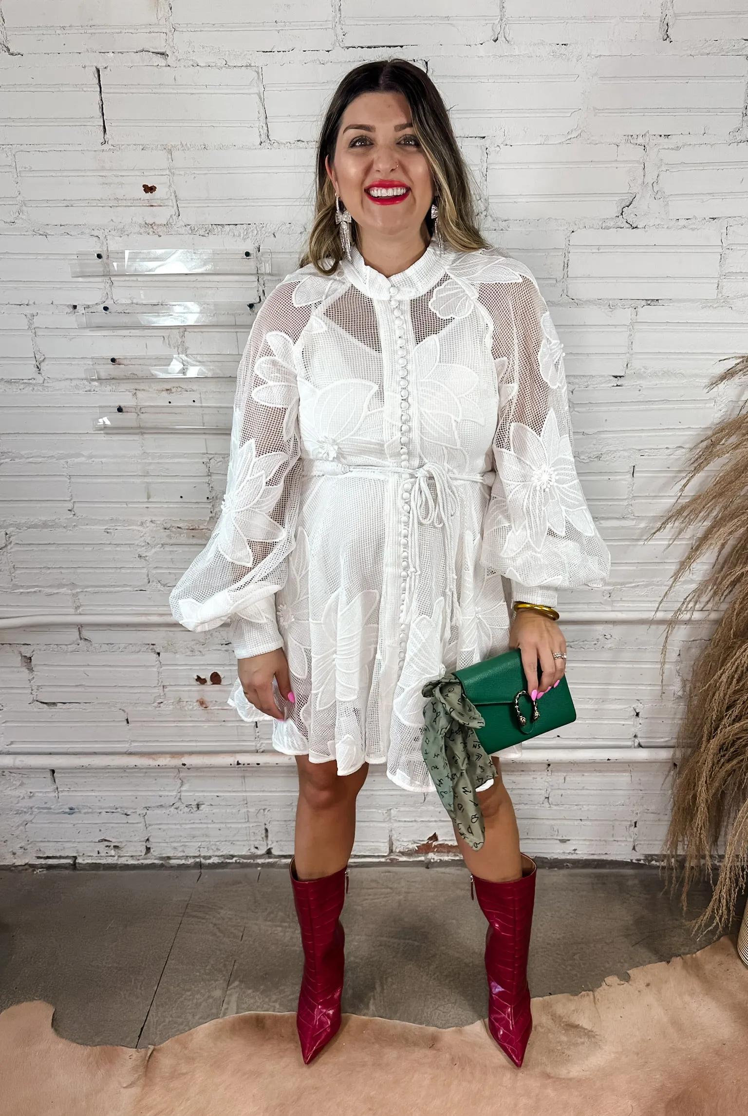 Palm Deco Floral Mini Dress - White