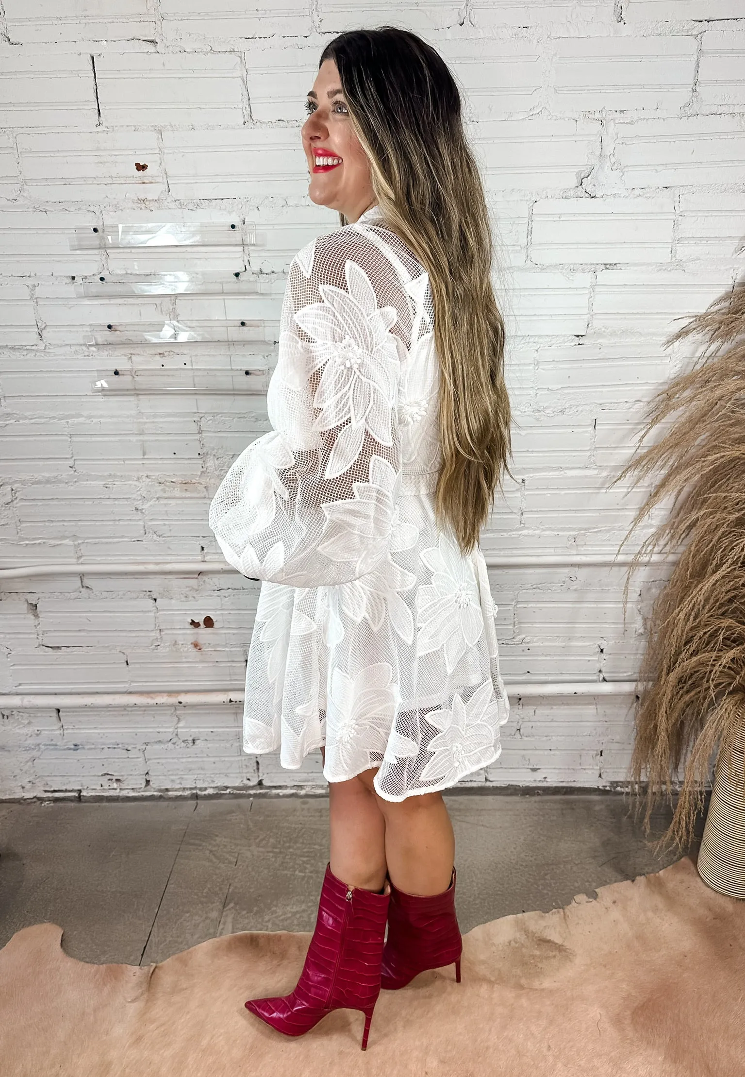 Palm Deco Floral Mini Dress - White