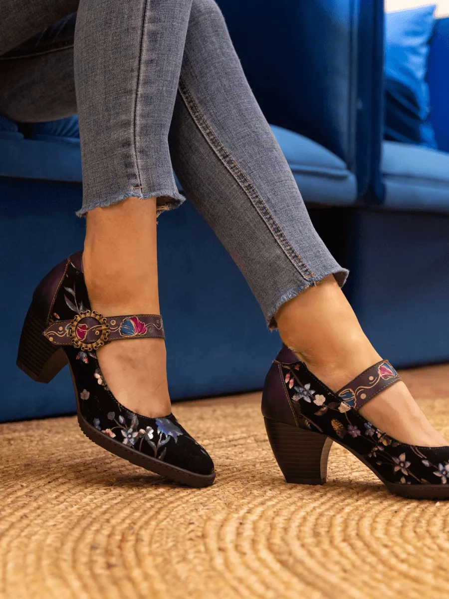 Palmira Plum Bossom Pattern Leather Mary Jane