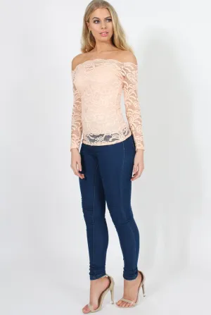 Peach Lace Bardot Top - Ariel