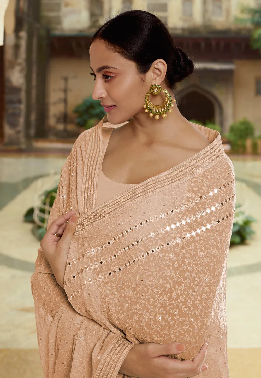 Peach Mirror Embroidered Party Wear Saree