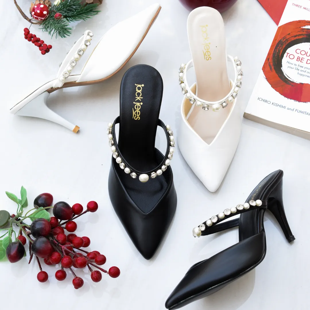 Pearl Charm Heels Black