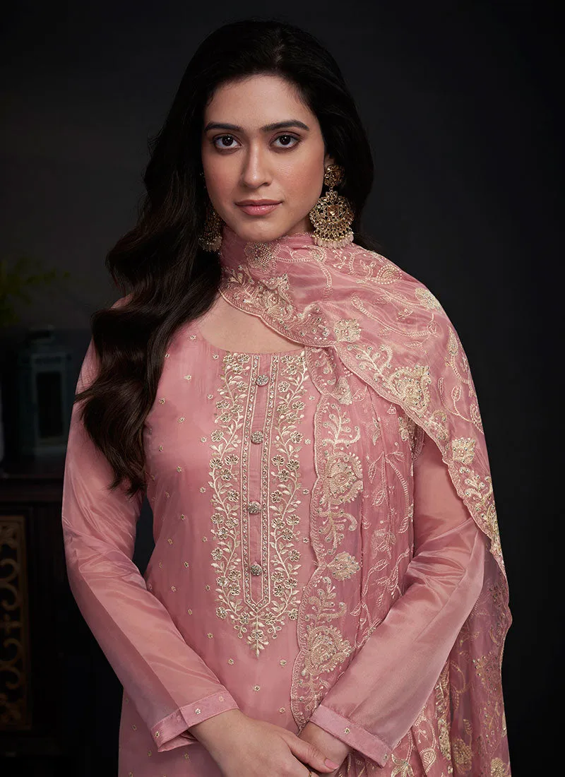 Pink Embroidery Straight Cut Pant Style Salwar Suit